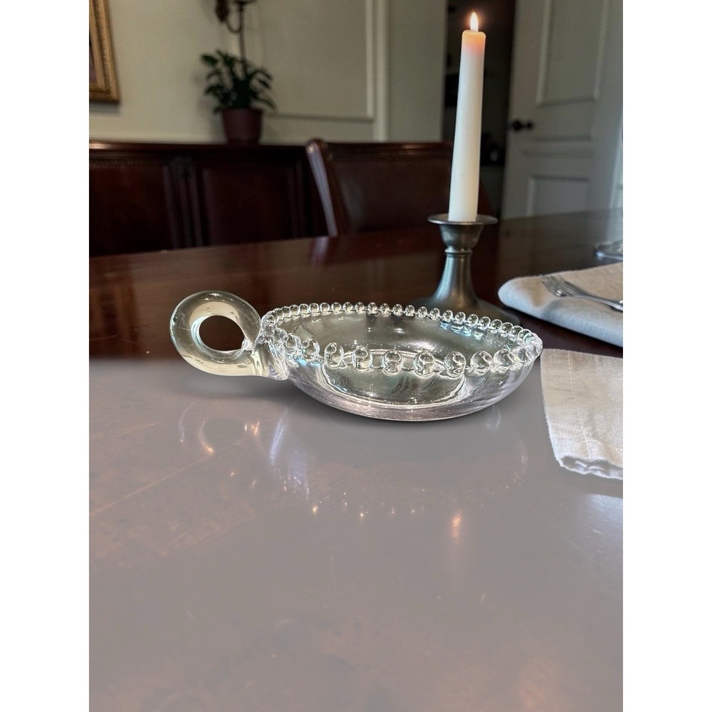 Vintage Imperial Candlewick Glass Handled Nappy Bowl Beaded Edge Clear Crystal